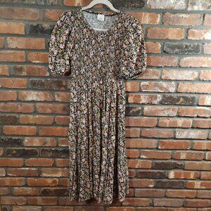 Elloh Smocked Floral Puff Sleeve Tiered Maxi Dress Prairie Cottagecore Women's L